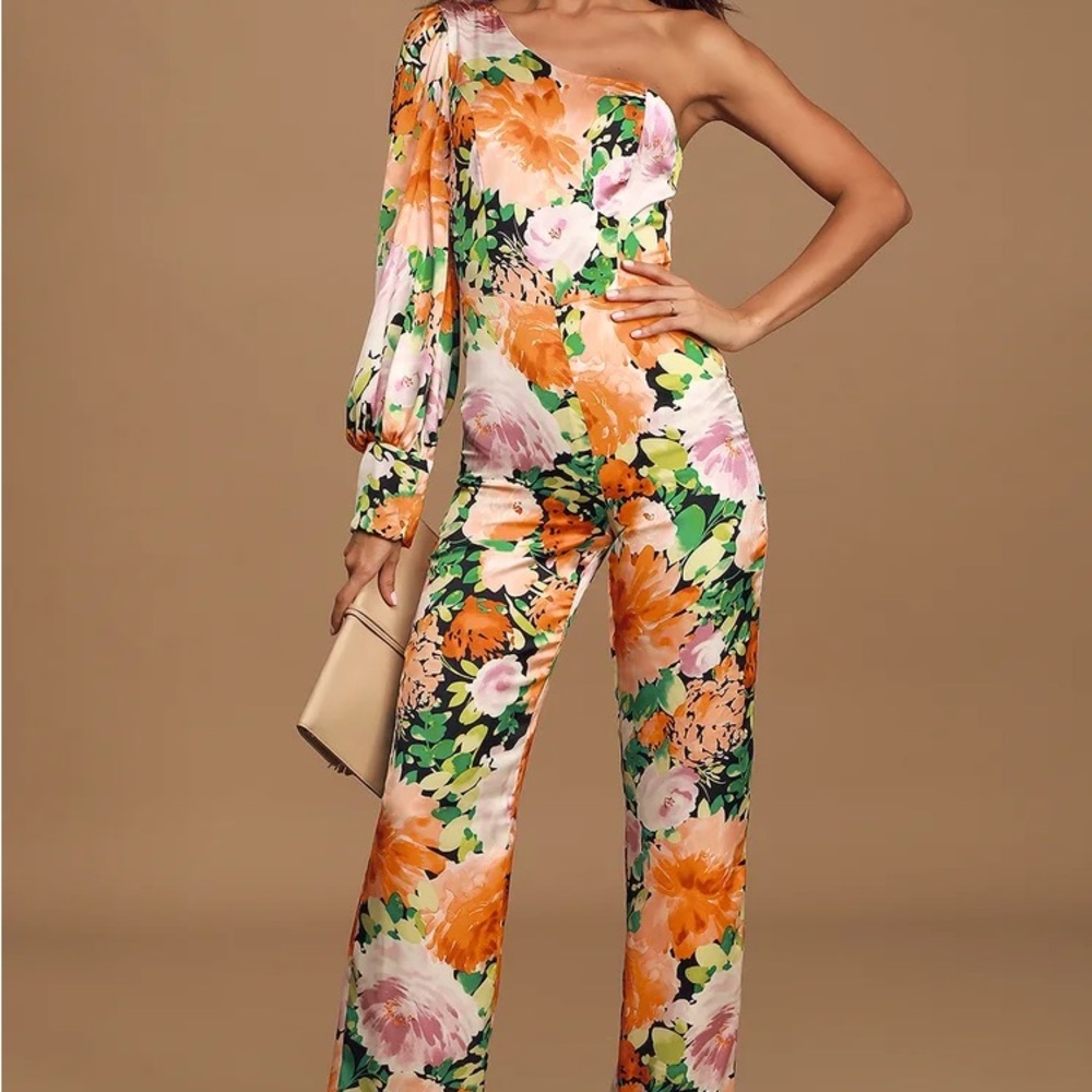 Lulus Lovin' It Orange Multi Floral Print Satin One-Shoulder Jumpsuit